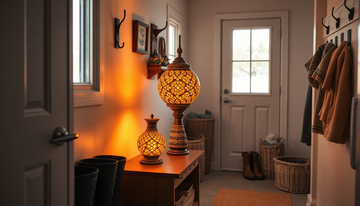 A warm brown Turkish mosaic glass lamp glowing on a mudroom bench beside boots and a woven basket