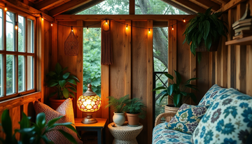 A cozy she shed corner glowing with a colorful Turkish mosaic lamp beside plants and a soft throw