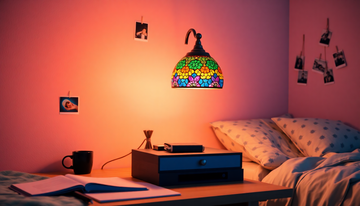 A vibrant rainbow-colored Turkish mosaic glass desk lamp glowing on a teenager's desk beside homework and photos on the wall