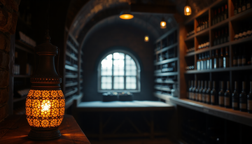 Warm amber and red Turkish mosaic lamp glowing on a wooden shelf beside stored wine bottles in a dim cellar tasting nook