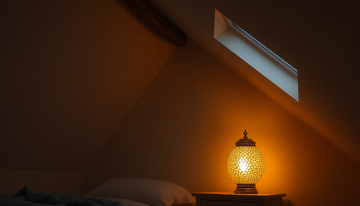 A warm golden Turkish mosaic glass table lamp glowing on a small nightstand under a sloped attic ceiling with an exposed wooden beam