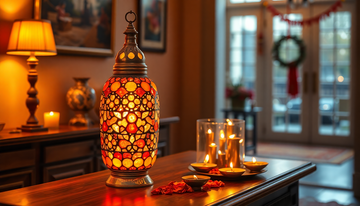 Handmade Turkish-style mosaic glass lamp glowing in red and gold beside diyas on a Diwali entryway table