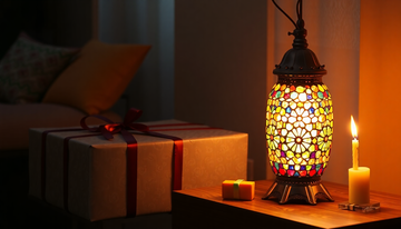 A handmade Turkish-style mosaic glass lamp glowing beside a wrapped birthday gift box, a milestone birthday gift idea