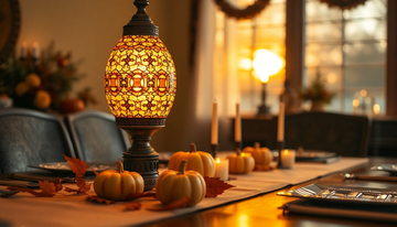 A warm amber Turkish-style mosaic glass lamp glowing on a Thanksgiving table with autumn décor