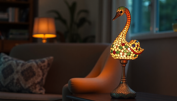 Handmade Turkish-style mosaic glass swan-neck table lamp glowing warm amber light beside a reading chair
