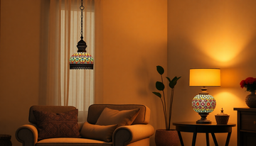 A handmade Turkish mosaic glass lamp shown two ways side by side: hanging from a ceiling hook as a swag-style pendant, and sitting on a side table in its standard base with cord and plug