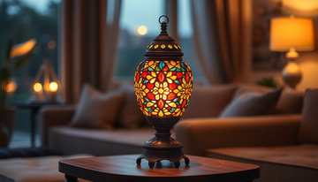 Handmade Turkish-style mosaic glass table lamp glowing warm amber light