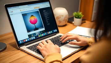 A person's hands typing on a laptop keyboard while shopping online, a colorful lamp product photo visible on the screen