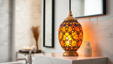 A handmade Turkish-style mosaic glass lamp glowing on a white marble bathroom vanity shelf