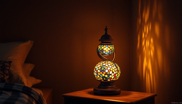 A hand-cut Turkish-style mosaic glass table lamp with a swan-neck base glowing warmly on a wooden nightstand in a dim bedroom