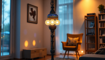 A deep blue handmade Turkish-style mosaic glass floor lamp with three globes glowing in a softly lit living room