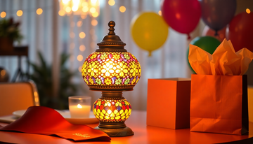 A colorful rainbow Turkish mosaic glass table lamp glowing amid bachelorette party decorations