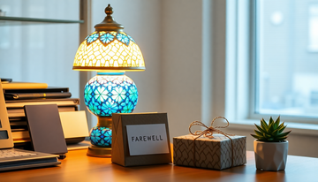 A blue Turkish mosaic glass desk lamp glowing on an office desk beside a wrapped farewell gift