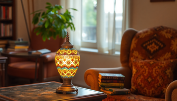 Handmade Turkish mosaic glass table lamp glowing warm amber on a side table beside a family photo frame