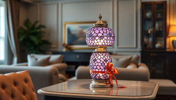 An elegant single-tone Turkish mosaic glass lamp with a swan-neck base, styled as a formal gift for a mother-in-law