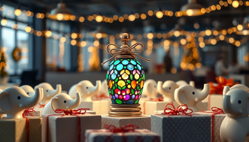 A handmade Turkish mosaic glass night lamp glowing on a desk, styled as a wrapped Secret Santa or White Elephant gift exchange present.