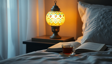 A handmade Turkish mosaic glass lamp glowing warmly on a nightstand beside a book and a cup of tea in a cozy bedroom
