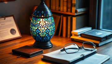 A deep midnight-blue handmade Turkish mosaic glass lamp glowing on a wooden home-office desk beside a notebook and reading glasses