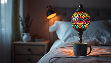 A warm multicolor Turkish-style mosaic glass lamp glowing on a bedside table in a restful bedroom