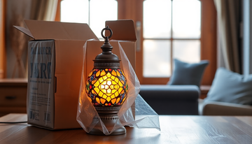 A handmade Turkish-style mosaic glass lamp glowing beside its open shipping box and packing wrap
