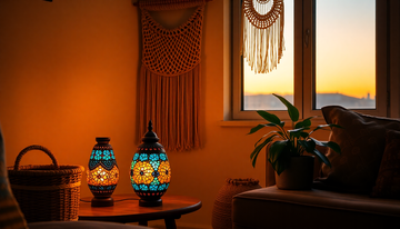 Handmade Turkish-style mosaic glass lamp glowing beside rattan and macrame boho decor