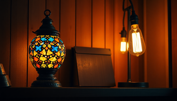 A colorful Turkish-style mosaic glass lamp beside a warm exposed Edison bulb lamp on a shelf