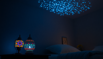A glowing hand-cut Turkish mosaic glass lamp beside a galaxy star projector casting green stars on a dark ceiling