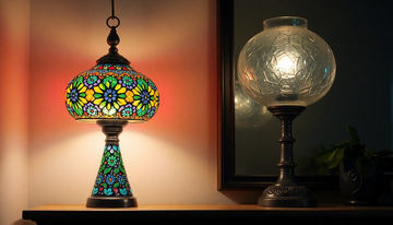 A glowing Turkish mosaic table lamp with colored glass beside a silvery mercury glass lamp with a fabric shade