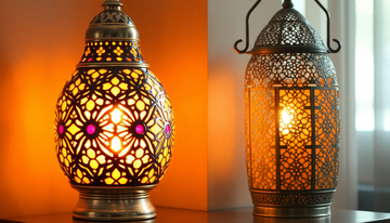 A glowing Turkish mosaic glass lamp beside a pierced brass Moroccan lantern on a dark shelf