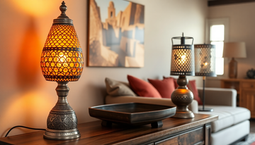 A warm amber Turkish mosaic glass table lamp glowing beside a rustic punched tin lamp with a pierced metal shade, both on a wooden console table