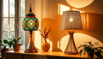 A colorful Turkish-style mosaic glass lamp and a woven rattan lamp side by side in a warm boho living room
