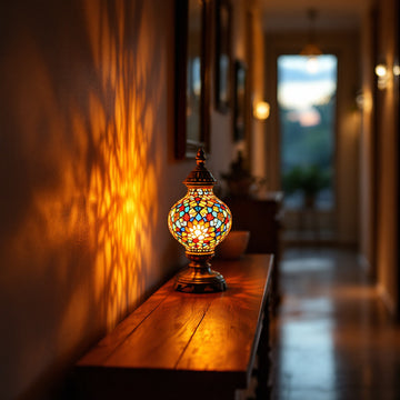 Turkish mosaic glass lamp glowing on a console table in a warmly lit hallway, casting colorful light patterns on the wall