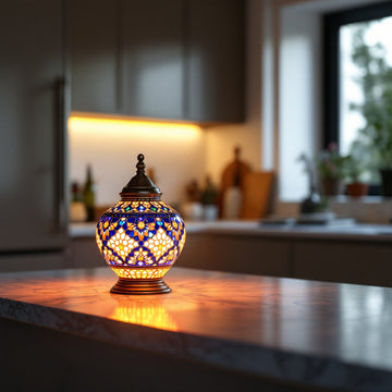 Turkish Mosaic Lamps for a Modern Kitchen — handmade Turkish-style mosaic glass lamp glowing against a sleek modern kitchen