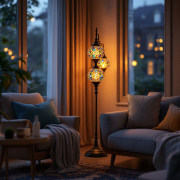 Turkish mosaic glass floor lamp glowing beside an armchair and sofa in a cozy sitting room at night