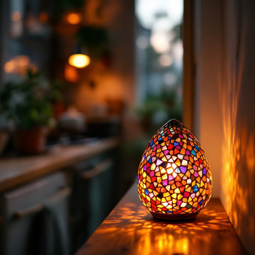 Compact Turkish mosaic glass lamp glowing on a windowsill in a small apartment kitchen