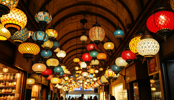 Colorful handmade mosaic glass lamps hanging in Istanbul's Grand Bazaar, the historical origin of the Turkish mosaic lamp craft