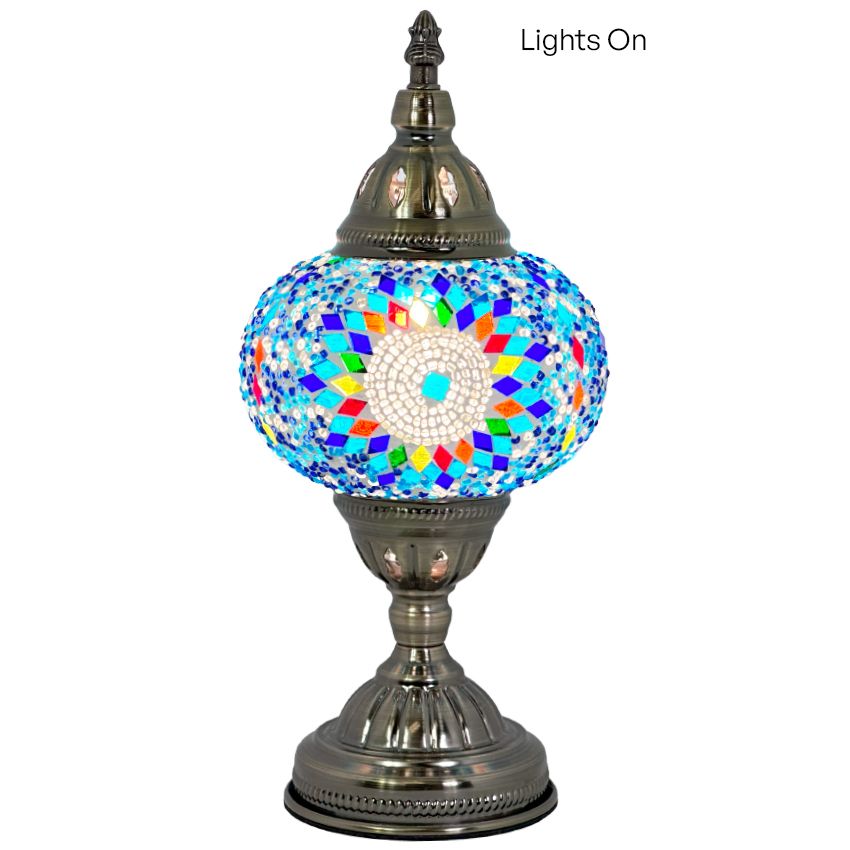Cold Sunflower Turkish Lamp in Blue mosaic glass table lamp — close-up of the mosaic glass