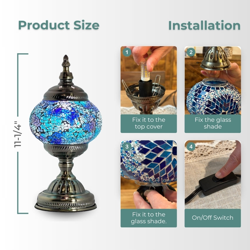 Round Mosaic Lamp with Blue Lavender Motif mosaic glass table lamp — handmade craftsmanship