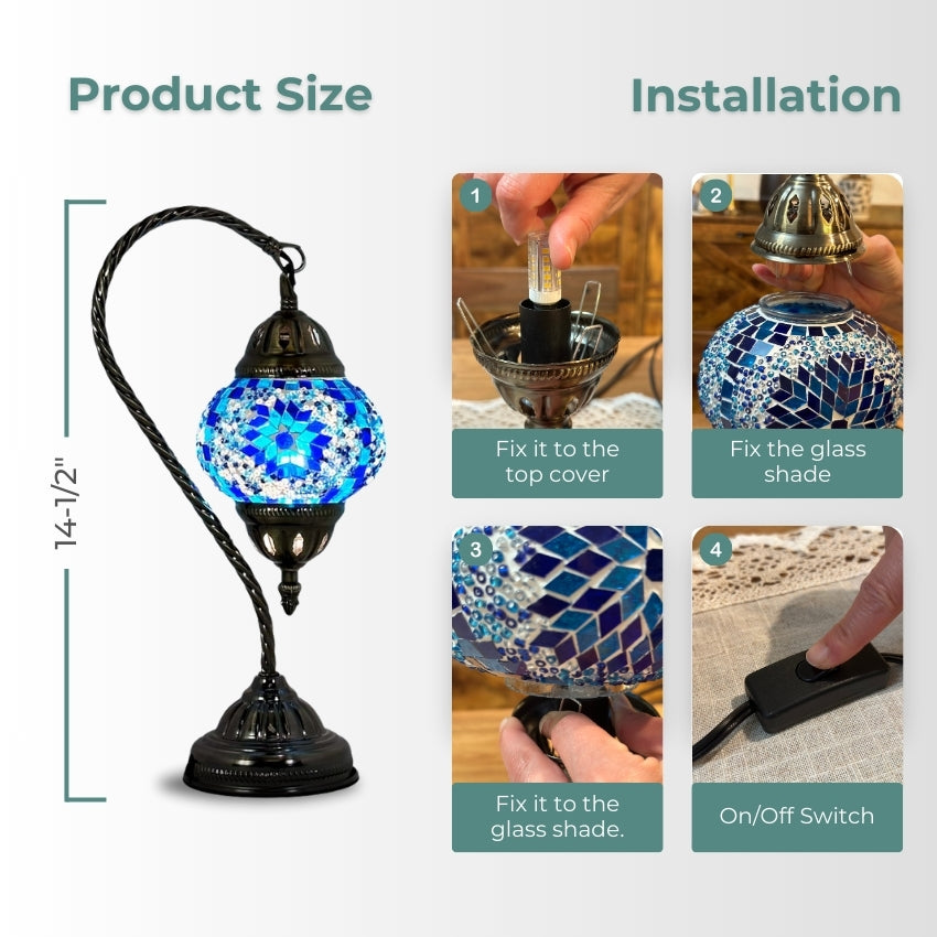 Swan Neck Turkish Desk Lamp mosaic glass table lamp — glowing in a styled room