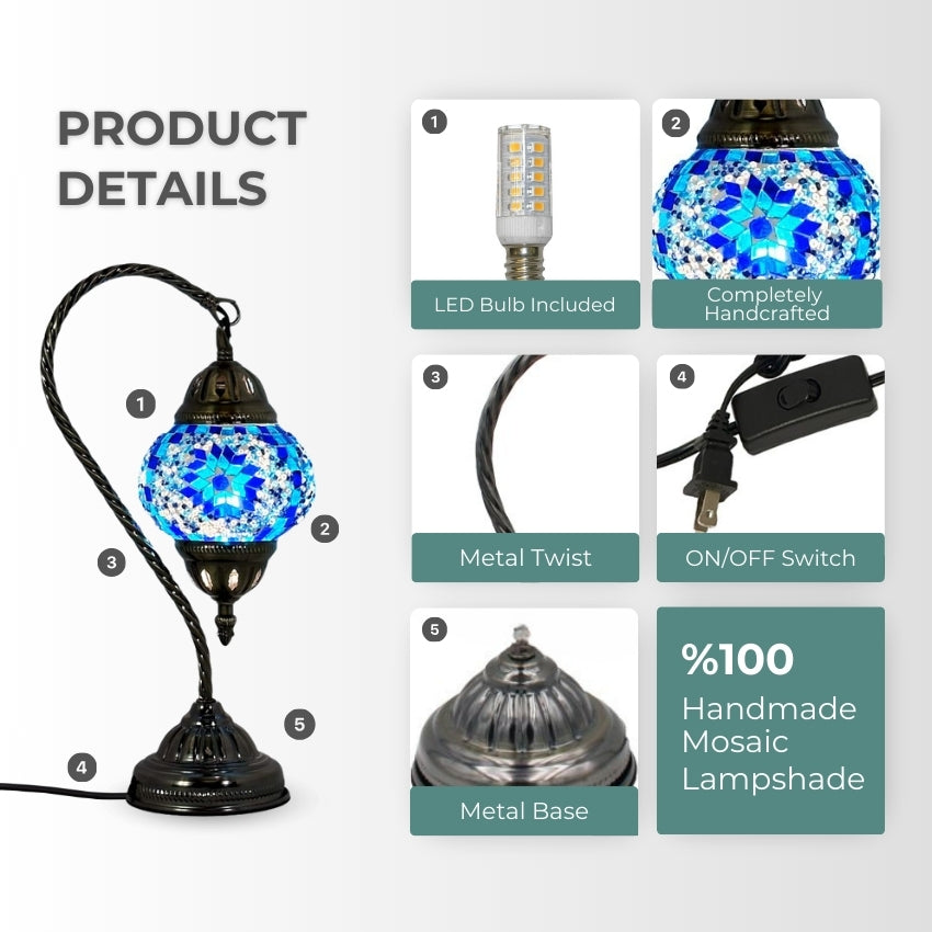 Swan Neck Turkish Desk Lamp mosaic glass table lamp — glowing against a dark background