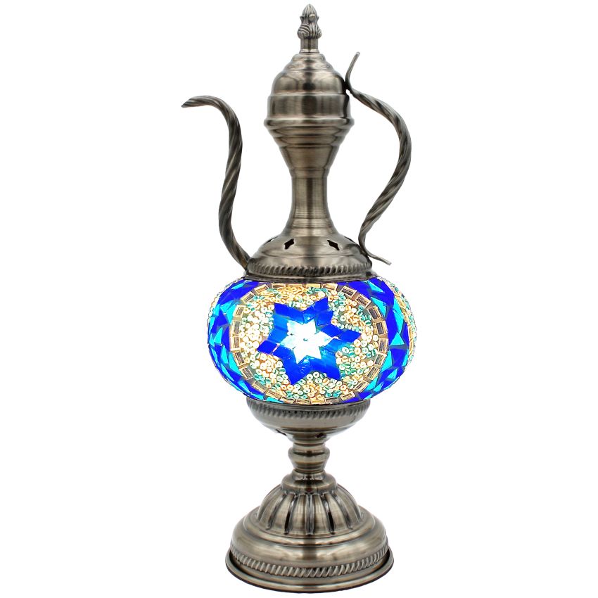 Turkish Blue Star Pitcher Lamp mosaic glass table lamp — close-up of the mosaic glass