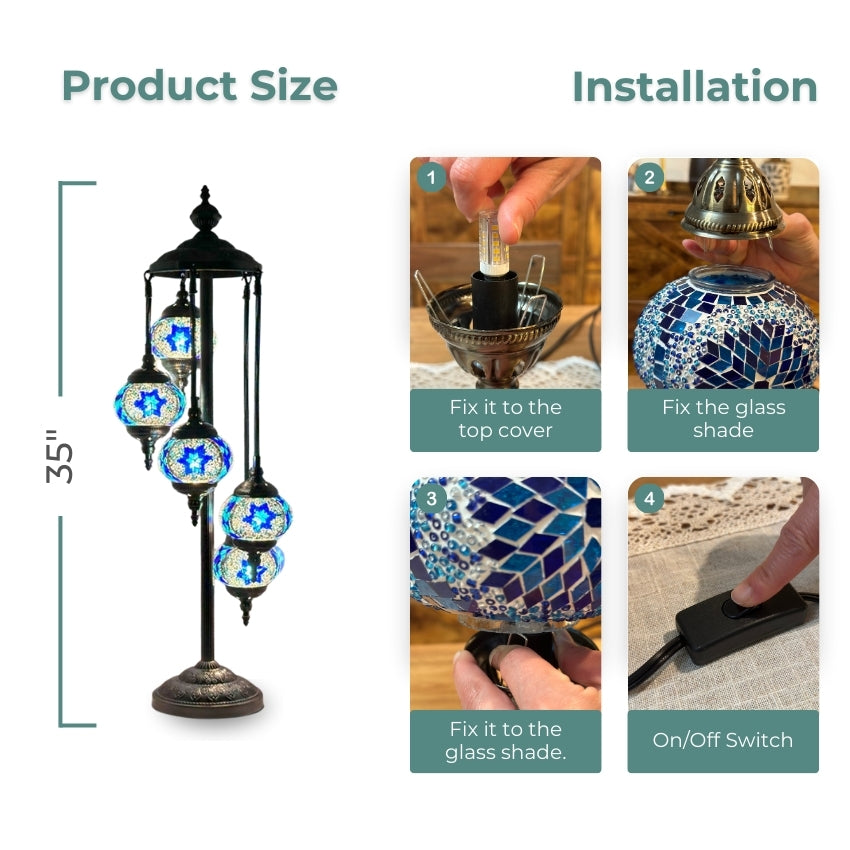 Majestic Blue Turkish Floor Lamp with 5 Mosaic Globes mosaic glass table lamp — size and dimensions
