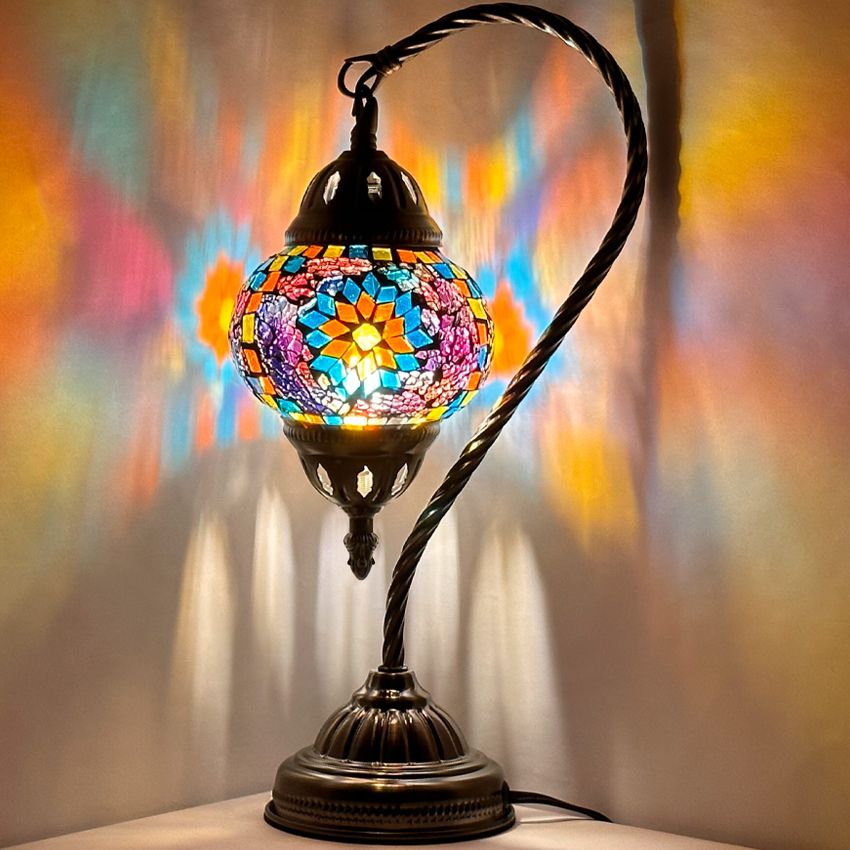 Elegant Blue Sunflower Mosaic Lamp with Turkish Swan Neck Design mosaic glass table lamp — glowing against a dark background