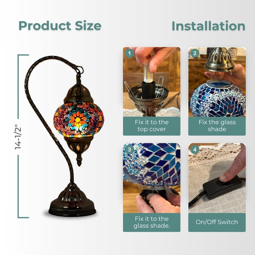 Elegant Blue Sunflower Mosaic Lamp with Turkish Swan Neck Design mosaic glass table lamp — handmade craftsmanship