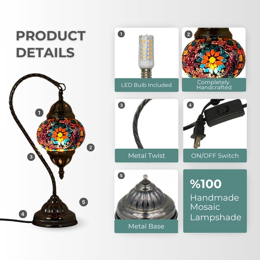 Elegant Blue Sunflower Mosaic Lamp with Turkish Swan Neck Design mosaic glass table lamp — setup guide