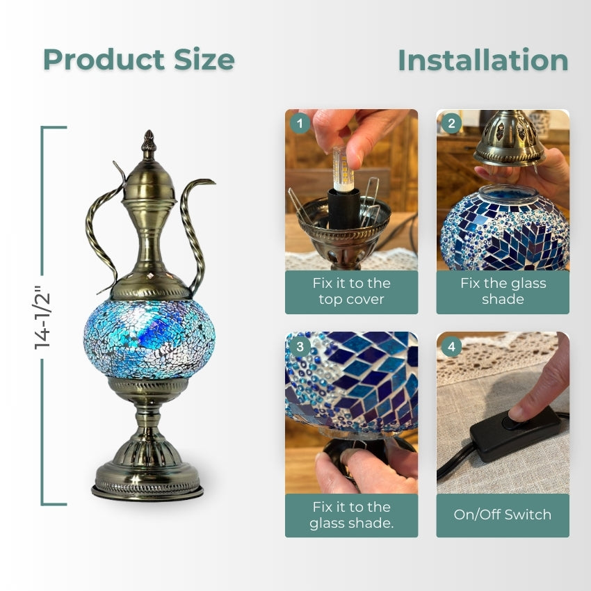 Unique Blue Turkish Mosaic Lamp with Pitcher Motif mosaic glass table lamp — handmade craftsmanship