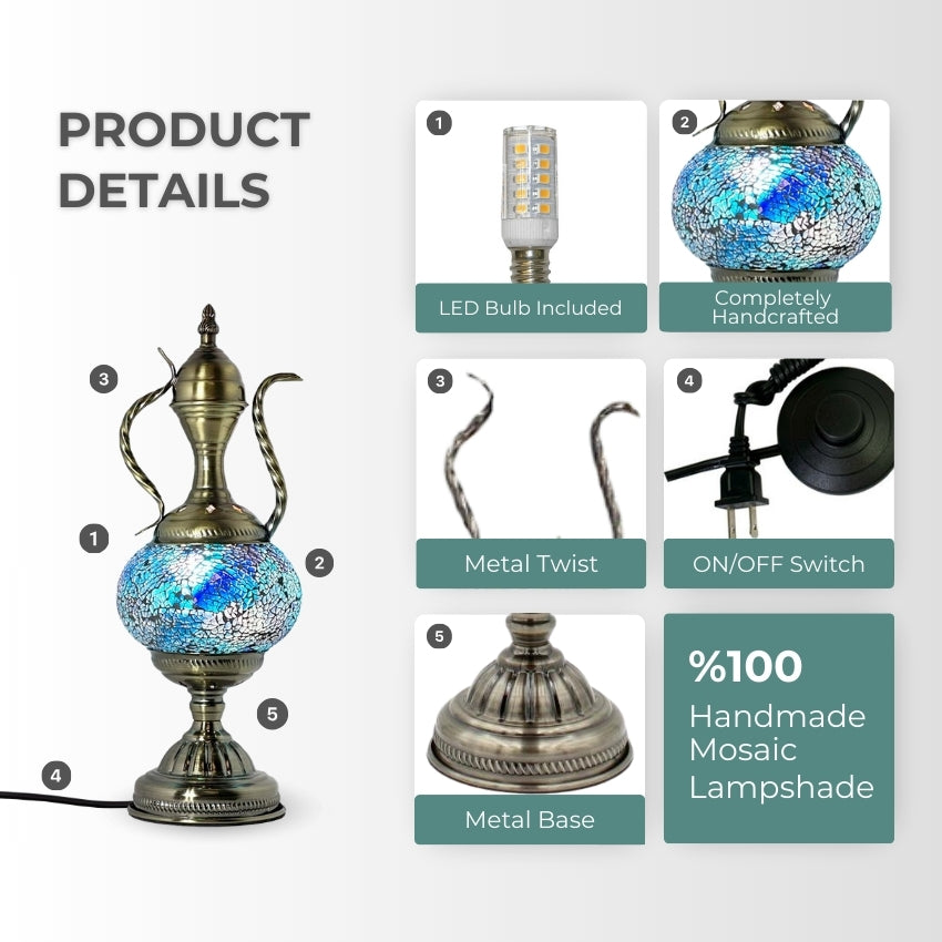 Unique Blue Turkish Mosaic Lamp with Pitcher Motif mosaic glass table lamp — setup guide