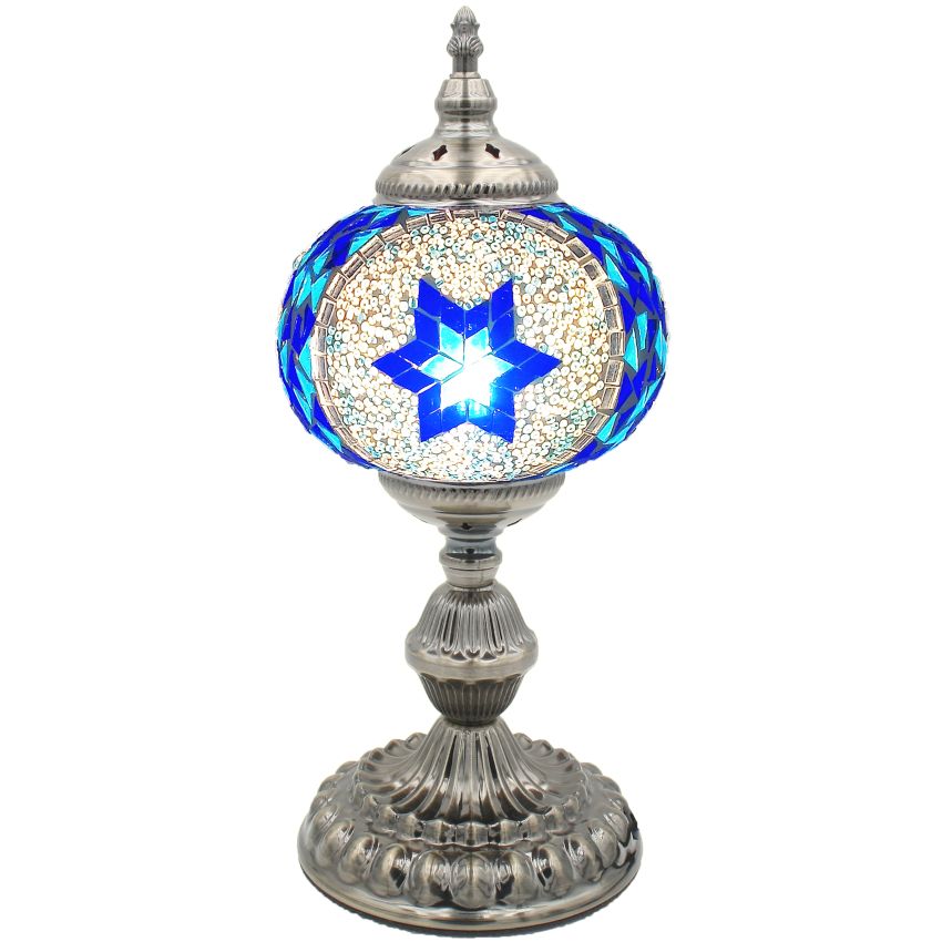 Traditional Blue Star Mosaic Turkish Table Lamp mosaic glass table lamp — lit on a side table