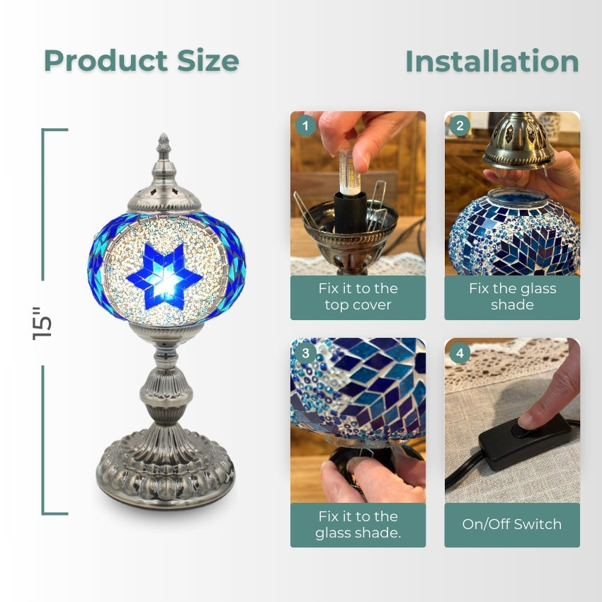 Traditional Blue Star Mosaic Turkish Table Lamp mosaic glass table lamp — on a nightstand