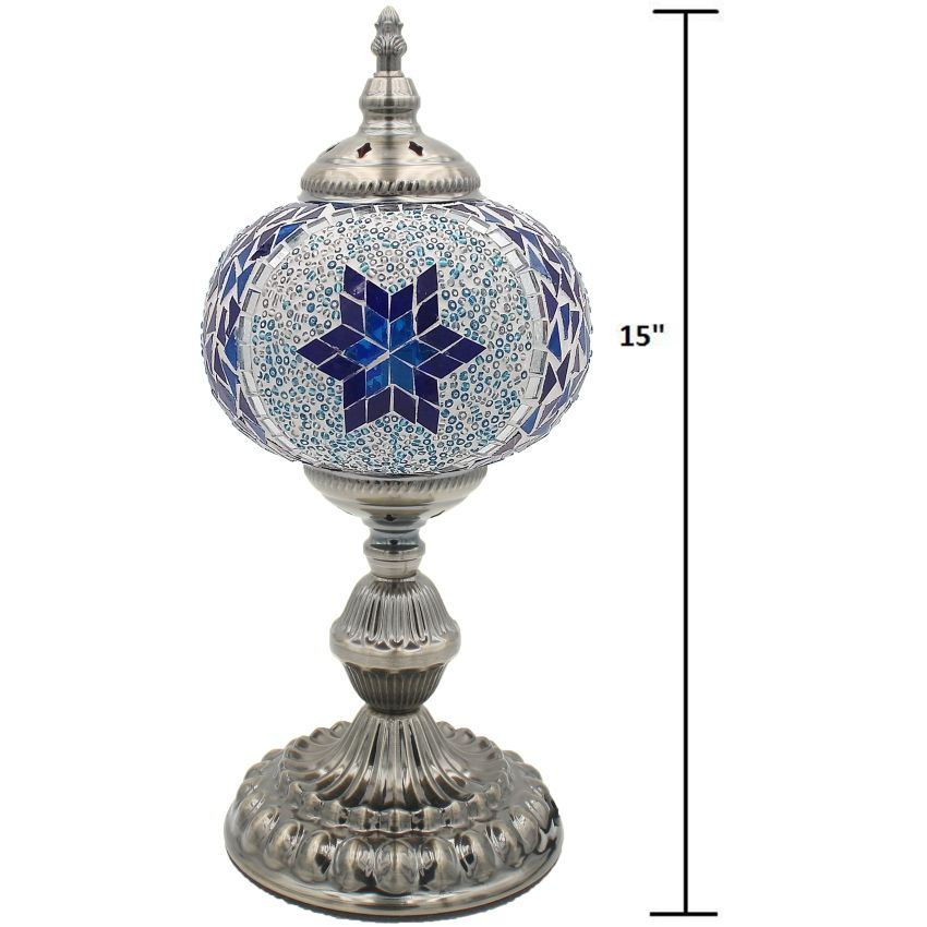 Traditional Blue Star Mosaic Turkish Table Lamp mosaic glass table lamp — glowing against a dark background